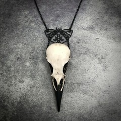Moon Moth Raven Skull Necklace – Moth Bird Skull Pendant Crescent Gothic Magical