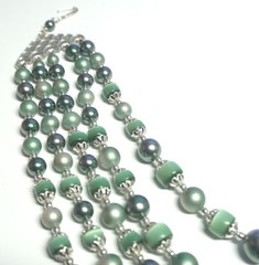 VTG 5 Strand Shades of Green Cats Eye- Faux Pearl Graduated Bead Necklace-Japan