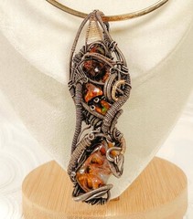 Fire Agate 14k Gold & Sterling Silver Pendant Necklace: Wire Wrapped, Brutalist