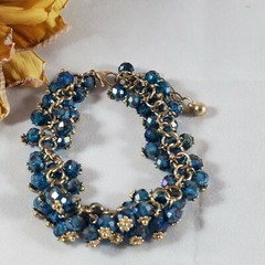 Handmade Bracelet Cluster Beads Blue And Gold Faceted Dangle