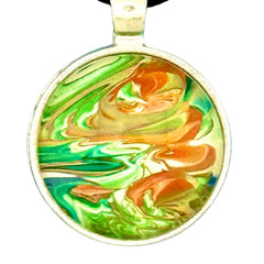 Pendant Necklace Handmade «Field of Flowers» Silver Bezel 25mm Black Cord