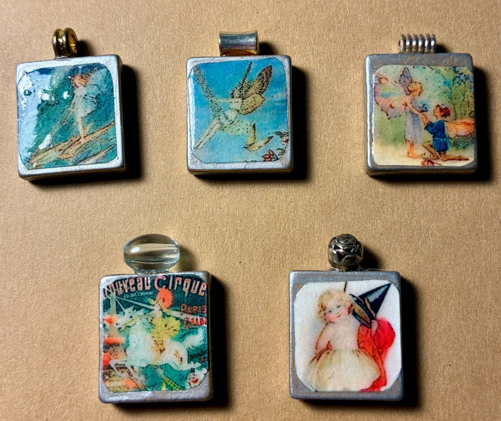 5 Handmade Wooden Tile Art Pendants Fairy Bird Nouveau Circus Unique Retro Boho