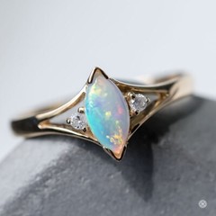 Marquise Cut Australian Solid Opal & Diamond Ring 14K Yellow Gold Engagement