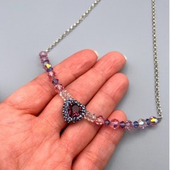 Sterling Silver Purple Pink Crystal Heart Necklace Sparkling Beaded Chain