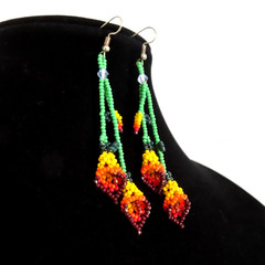Huichol Beaded Dangle Earrings Red Yellow Calla Lily Flower Boho Handmade Mexico