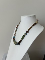 Vintage Artisan Beaded Necklace Wood Glass Shell Bird Mixed Media Boho Chic 23”