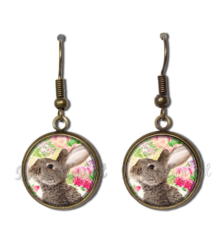 Brown Bunny Rabbit Florals Design – Handmade Resin Dangling Earrings 16mm SIZE