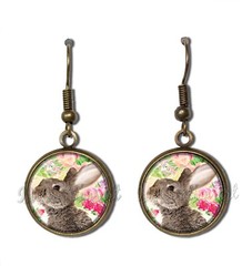 Brown Bunny Rabbit Florals Design – Handmade Resin Dangling Earrings 16mm SIZE