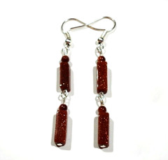 Handcrafted Artisan Dangle Earrings Brown Goldstone Square Pillar and Round Ball