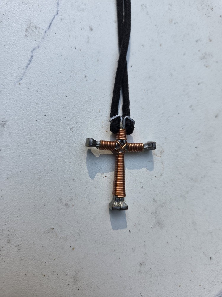 Handmade Horseshoe Nail Cross Necklace – Orange Wire Wrapped Western Jewelry