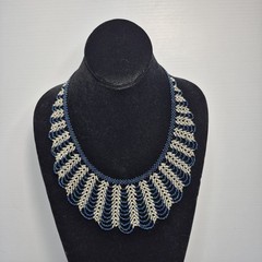 Artisan 18″ Scallop Iridescent Blue Silver Glass Seed Bead Collar Bib Necklace