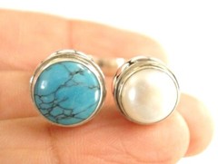 Blue Turquoise White Mabe Pearl 925 Sterling Silver Open Shank Ring Size 8 9 10