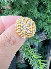 VINTAGE 18K YELLOW GOLD DIAMOND BOMBE HONEY COMB RING LARGE SOLID HEAVY CUSTOM