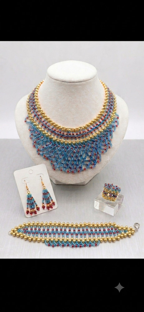 ​Handmade Beaded Jewelry Set, Necklace, Earrings, Ring, Bracelet, Blue & Gold