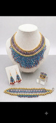 ​Handmade Beaded Jewelry Set, Necklace, Earrings, Ring, Bracelet, Blue & Gold