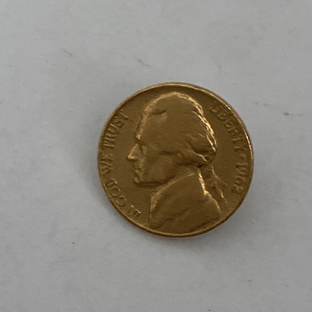 JEFFERSON NICKEL GOLD COIN LABEL PIN OR BROOCH ~ 1962 COIN