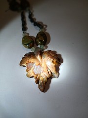 Handmade Carved Stone Leaf Pendant Necklace Earth Tone Beaded Jasper 18 Inch