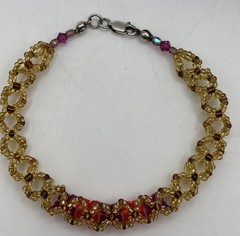 3D Beaded Flower Bracelet Sterling Silver Clasp, Purple Red Brown Beads 7.5 Inch