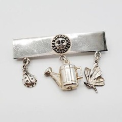 Sterling Gardener Theme Dangle Charm Brooch Sun Watering Can Ladybug Butterfly