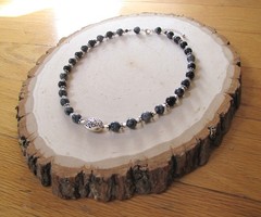 Snowflake Obsidian Necklace, Swirly Pewter, Sterling Lobster Clasp, Gift Box