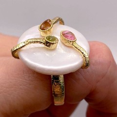 Adjustable Gold Ring, Hammered Band, Multi Tourmaline Water Drop Gemstones