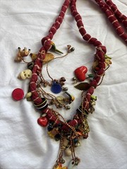 Handmade Multiple Clay/Metal Charm Coin Scarf Necklace Peruvian S American Gypsy