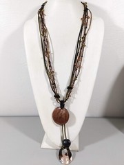 Artisan Brown Glass Black Green Tribal Style Multi Cord Pendant Necklace 30 in