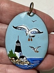 Vintage Hand Painted LIGHTHOUSE SEAGULLS OCEAN COASTLINE Scene Copper Pendant