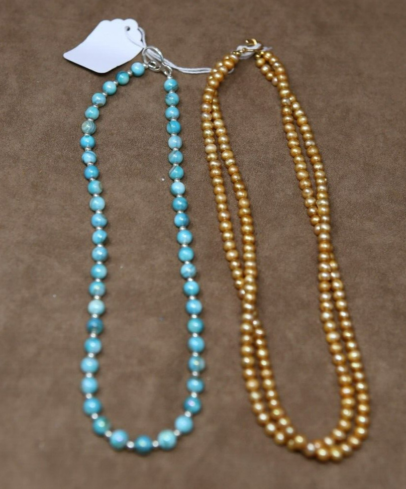 Handmade Round Light Blue Yellow Matte Glass Choker Necklace 18” 19” Set Of 2