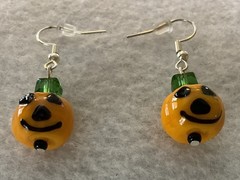 Halloween Round Jack-O-Lantern/Pumpkin LampWork Glass Drop/Dangle Earrings