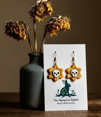 Yellow & Gold Skull Sunflower Handmade Polymer Clay Dangle Halloween Earrings SS