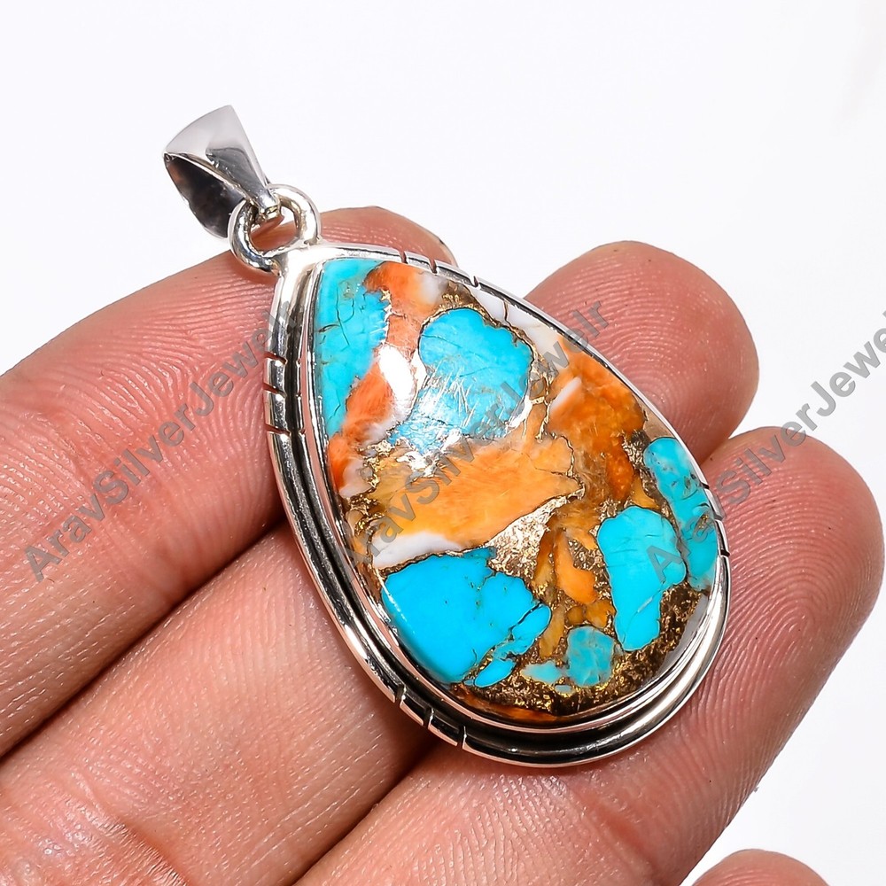 Orange and Blue Copper Turquosie Pendant 925 Sterling Silver Statement Pendant