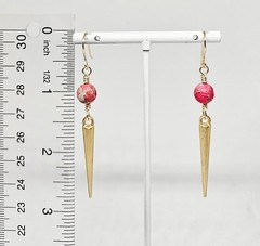 Pink Imperial Jasper Spike Dangle Earrings Gold Tone Handmade Boho Drop