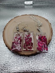Dangle Earrings and Pendant Set In Dark Pink Handmade Glass Beads