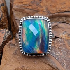 Aurora Opal Sterling Silver Ring 925 Rainbow Fire Statement Size 11