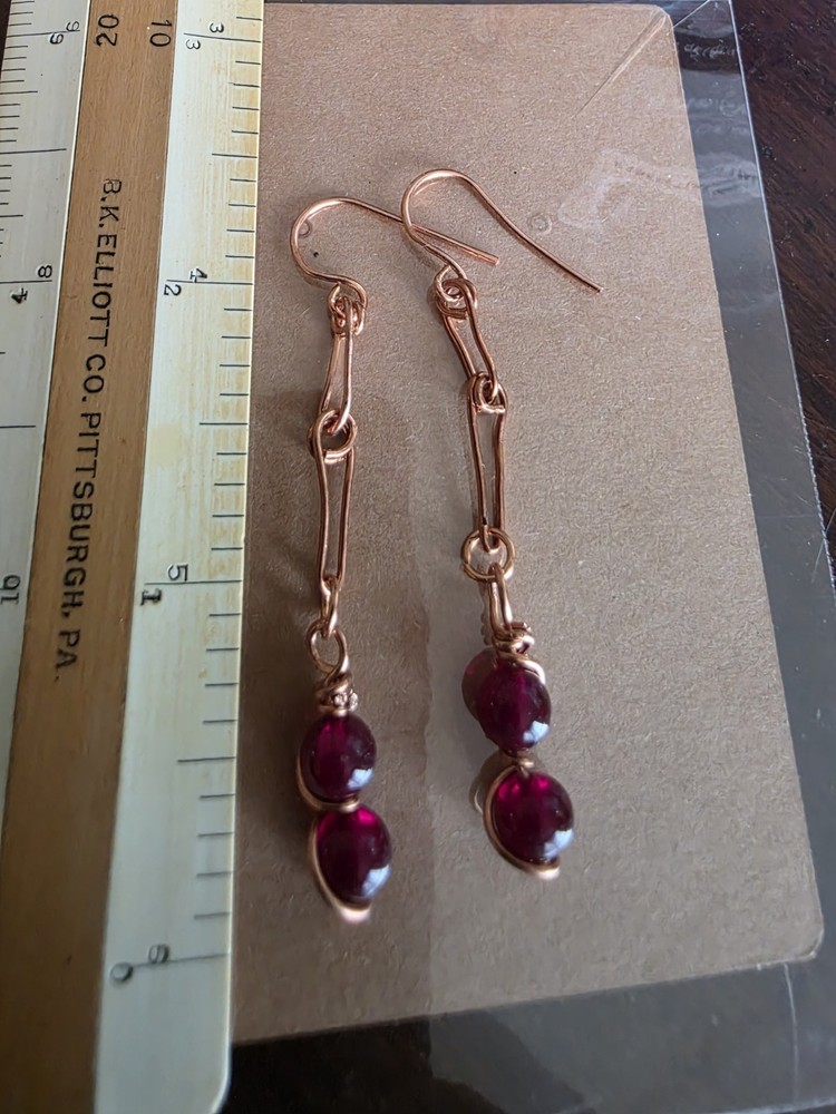 Healing USA PURE COPPER Vtg. Garnet GLASS Earrings Handmade Chain, French Hooks