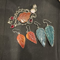 Artisan Handmade Silver Tone Dangle Leaf Earrings & Pendant Jewelry Lot Fall SEE