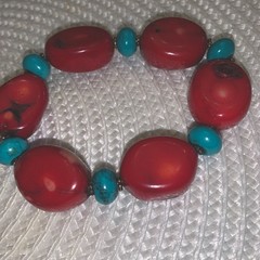Beautiful Bold Red Coral & Turquoise Stone Stretch Bracelet