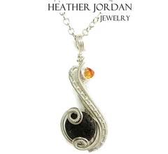 Volcanic Scoria Wire-Wrapped Necklace: Sterling Silver Pendant with Swarovski Cr