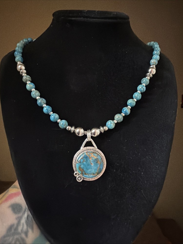 Copper Turquoise Beaded Necklace 18-20in. 925 Sterling Silver Pendant Handmade