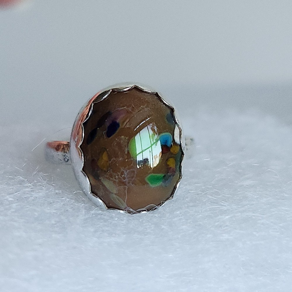 Size 3.25 Sterling Silver Murano Glass Pinky Ring Multicolor Art Glass Cabochon