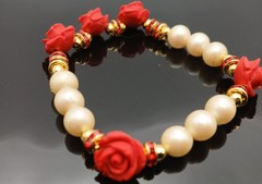 Cinnabar Roses Pearls Golden Hematite Red Sparkles Beaded Bracelet