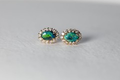 Green Colored Black Opal & Halo Diamond Stud Earrings 14k Yellow Gold