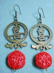 3 3/8″ Drop Faux Red Cinnabar 3/4″ Flower Coin & Brass «Happiness» Earrings