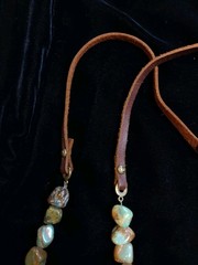 Stone Nugget Necklace Blue Green Brown Matrix Leather Tassel Rustic Boho Long