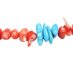 Natural Turquoise and Red Coral Chip Necklace 24 Inch Toggle Closure Hand Made