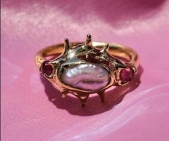 Raw irregular pearl & pink tourmaline ring- SIZE 5.5 Sterling Silver w gold tone