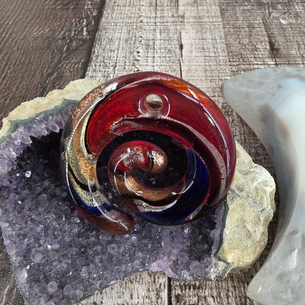 Artisan Dichroic Abstract Lampwork Glass Pendant Red Gold Blue Sparkle Spiral 3D