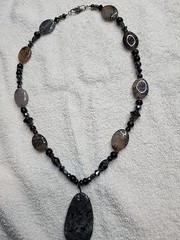 Artisan Statement Necklace Larvikite & Dragon Vein Agate Sterling Silver Clasp