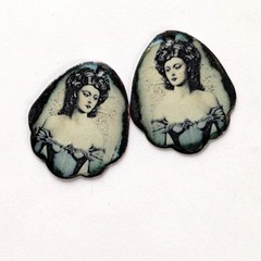 Rustic Enamelled Copper Charms Victorian Woman Mirrored Pair (21197)
